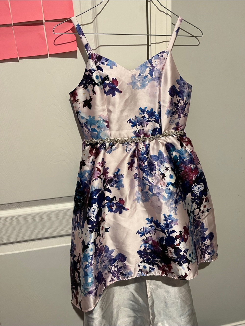 Floral Satin Spaghetti-Strap Kids Dress in Pink and Blue